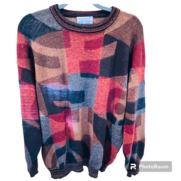 Tuttle 100% Alpaca wool colorful geometric pattern crew neck pullover sweater L - Picture 1 of 9